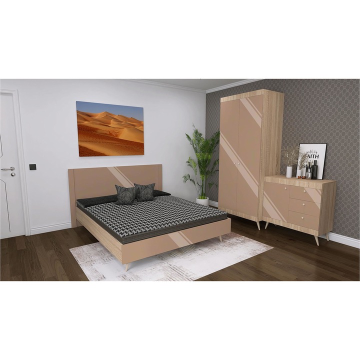 Set dormitor scandinav THOR 09, pat 140x200, dulap, comoda cu sertare, Carcasa PAL Sonoma, Fete MDF Lucios Capucino, Manere Buton fag, Balamale cu amortizare, Picioare fag, Tablie Netapitata