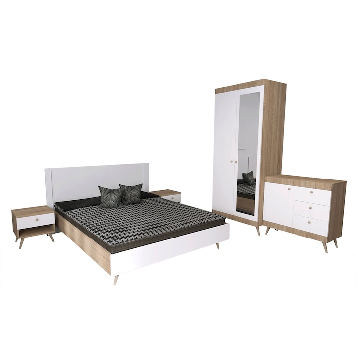 Set dormitor scandinav THOR 12, pat 160x200, noptiere, dulap cu oglinda, comoda cu sertare, Carcasa PAL Sonoma, Fete PAL Alb 1, Manere Buton fag, Balamale cu amortizare, Picioare fag, Tablie Netapitata