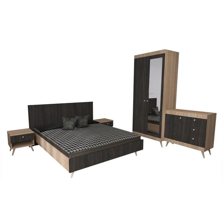 Set dormitor scandinav THOR 12, pat 160x200, noptiere, dulap cu oglinda, comoda cu sertare, Carcasa PAL Sonoma, Fete PAL Lemn Antracit 1, Manere Buton fag, Balamale cu amortizare, Picioare fag, Tablie Netapitata