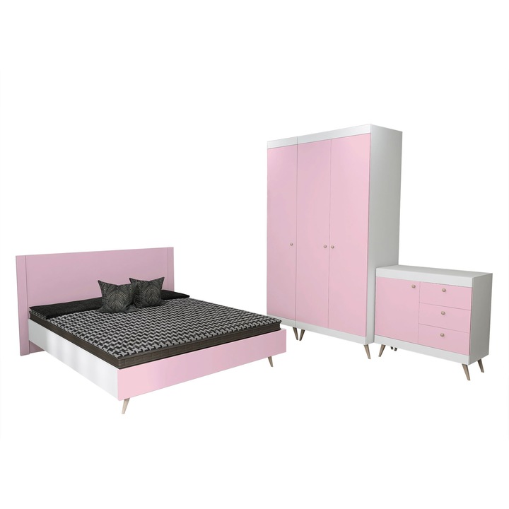 Set dormitor scandinav THOR 13, pat 140x200, 2 dulapuri, comoda cu sertare, Carcasa PAL Alb, Fete PAL Marshmallow, Manere Buton fag, Balamale cu amortizare, Picioare fag, Tablie Netapitata