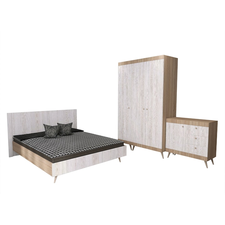 Set dormitor scandinav THOR 14, pat 160x200, 2 dulapuri, comoda cu sertare, Carcasa PAL Sonoma, Fete PAL Pin Alb 08, Manere Buton fag, Balamale cu amortizare, Picioare fag, Tablie Netapitata