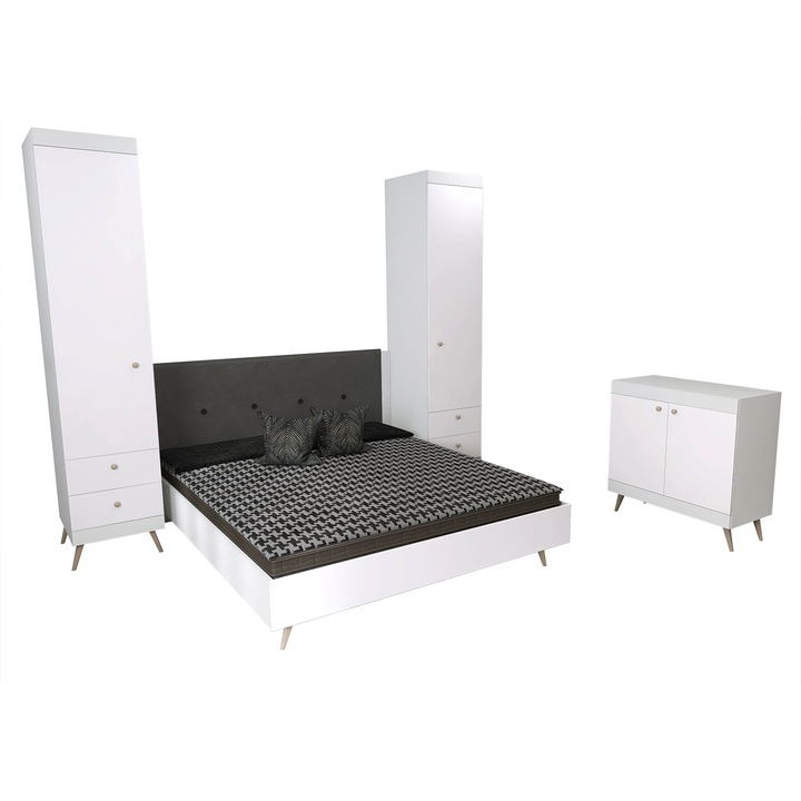 Set dormitor scandinav THOR 16, pat 160x200, 2 dulapuri cu sertare, comoda, Carcasa PAL Alb, Fete PAL Alb 1, Manere Buton fag, Balamale cu amortizare, Picioare fag, Tablie Tapitata