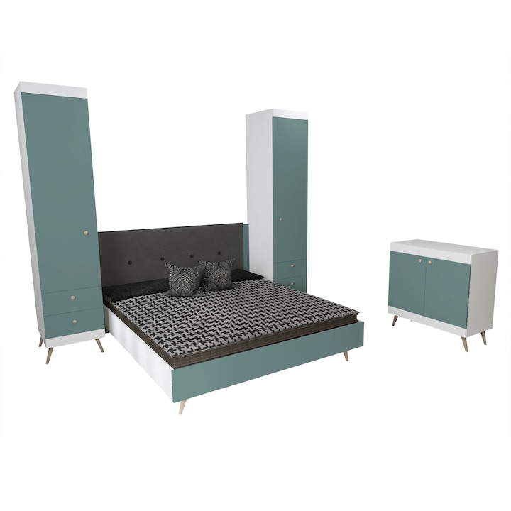 Set dormitor scandinav THOR 16, pat 160x200, 2 dulapuri cu sertare, comoda, Carcasa PAL Alb, Fete PAL Amurg, Manere Buton fag, Balamale cu amortizare, Picioare fag, Tablie Tapitata