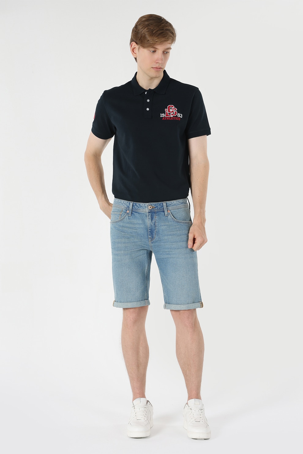 COLIN'S, Salopeta scurta de denim cu aspect decolorat, Albastru deschis, 2XL