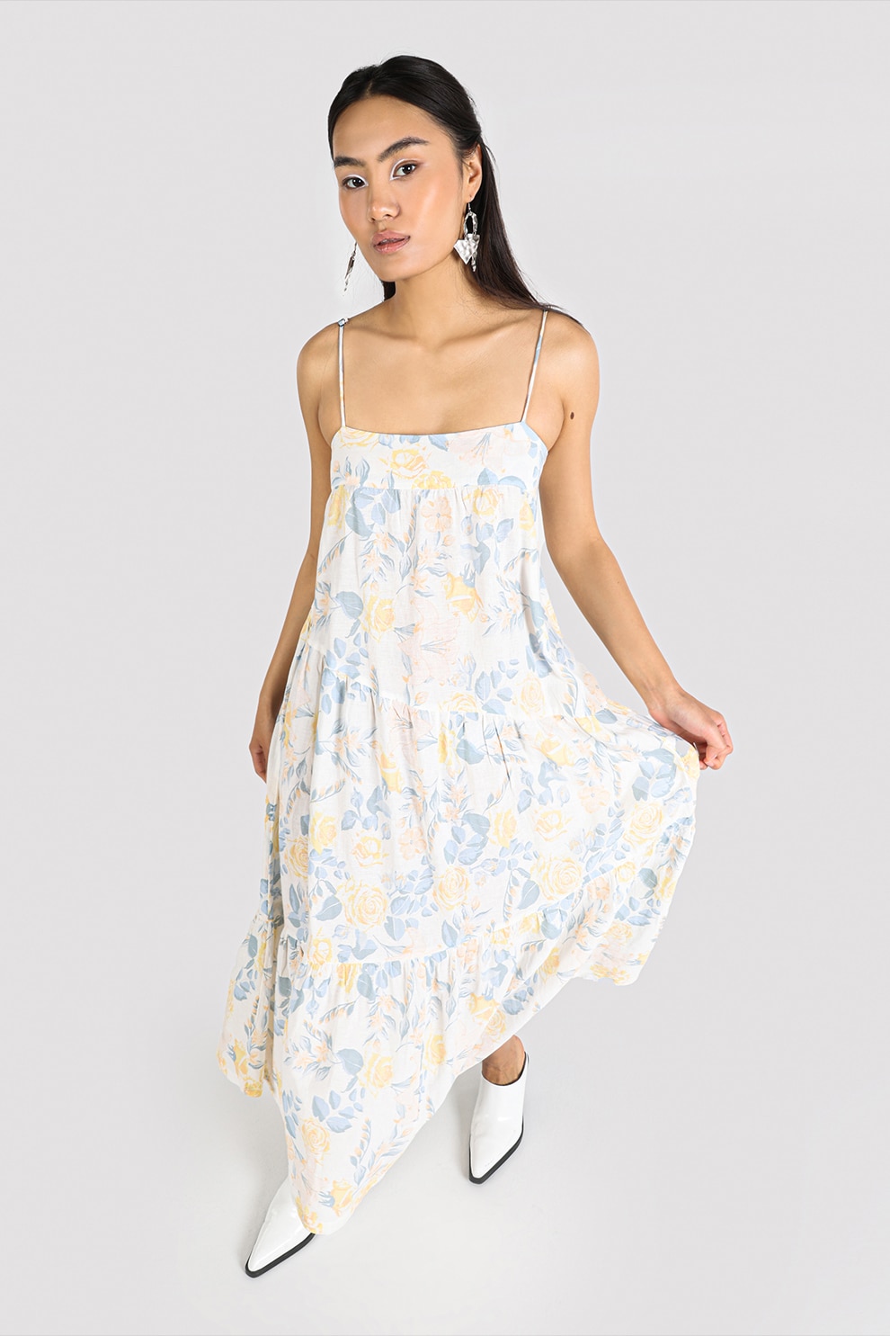 COLIN'S, Rochie cu imprimeu floral si bretele ajustabile, Alb, Galben, Albastru, XS