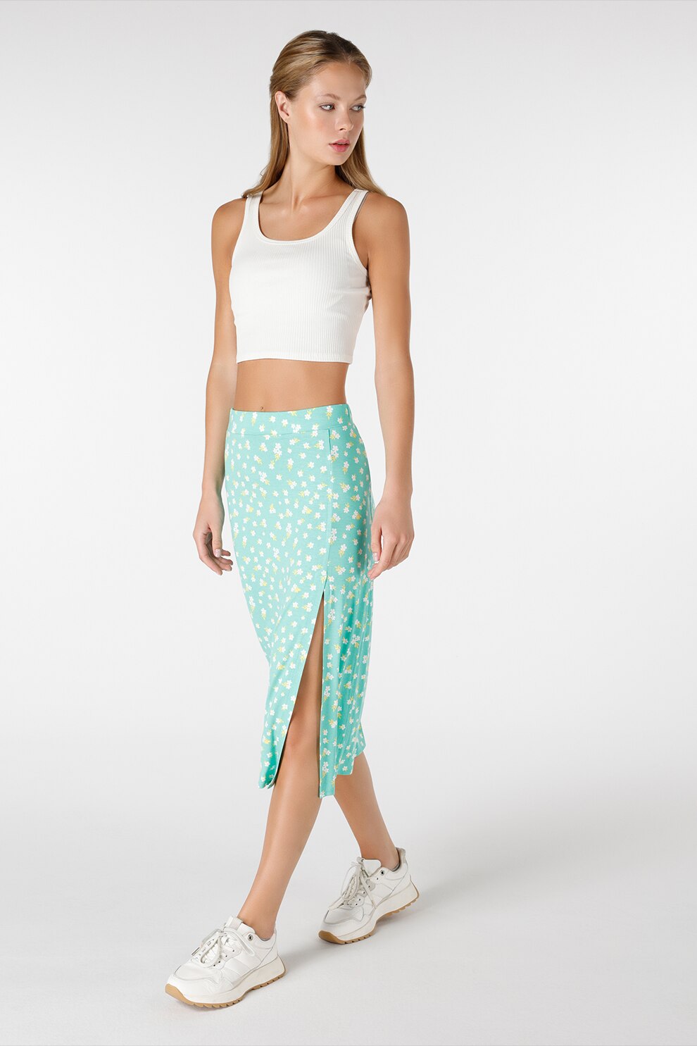 COLIN'S, Fusta midi cu imprimeu floral, Alb, Albastru, M