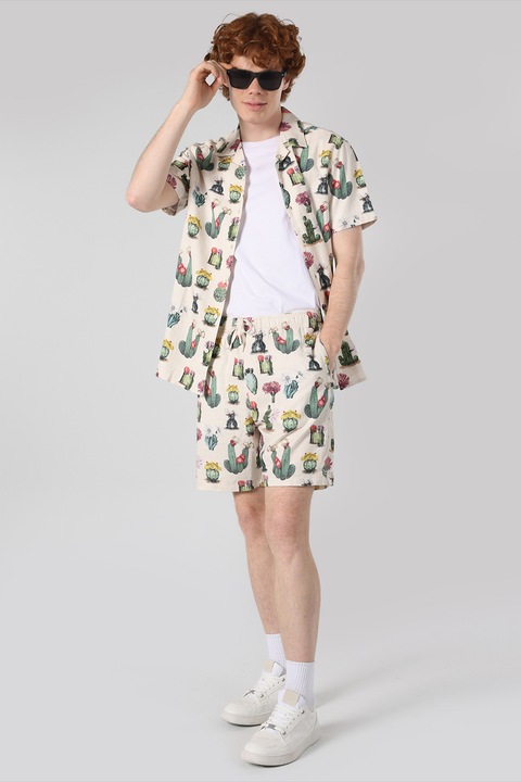 COLIN'S, Pantaloni scurti din amestec de in cu imprimeu grafic, Verde/Piersica, XL