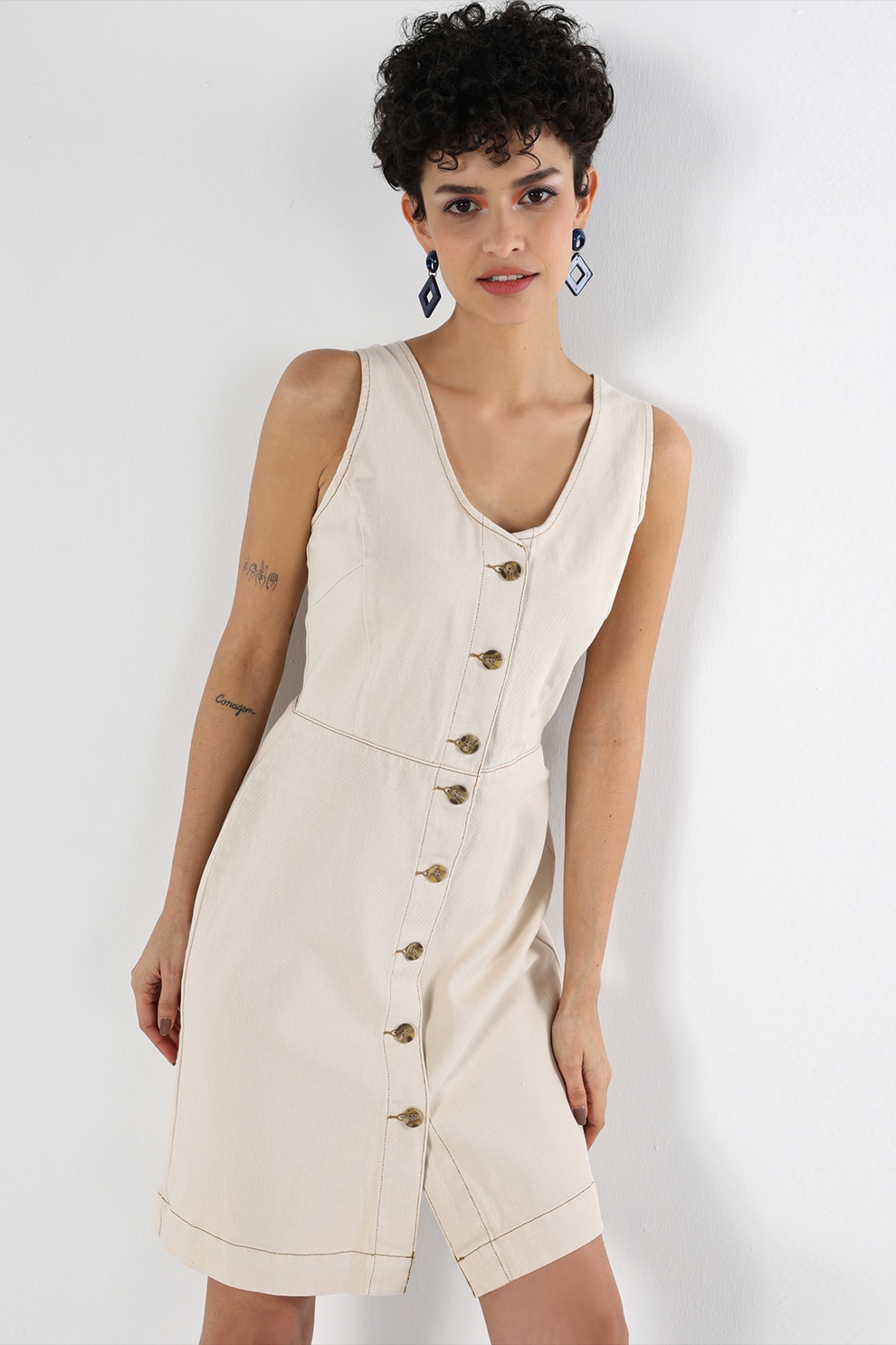 COLIN'S, Rochie slim fit din denim cu nasturi, Bej deschis, L