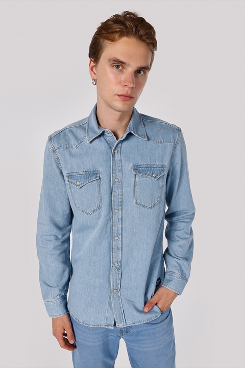 COLIN'S, Camasa din material chambray cu capse, Albastru deschis, XL