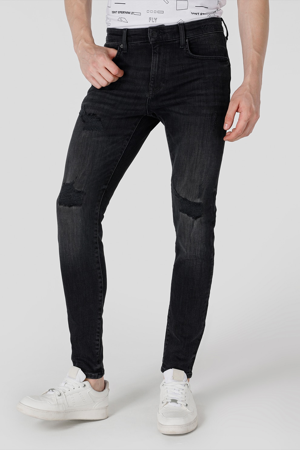 COLIN'S, Blugi skinny cu detalii cu aspect deteriorat, Negru, W28-L32