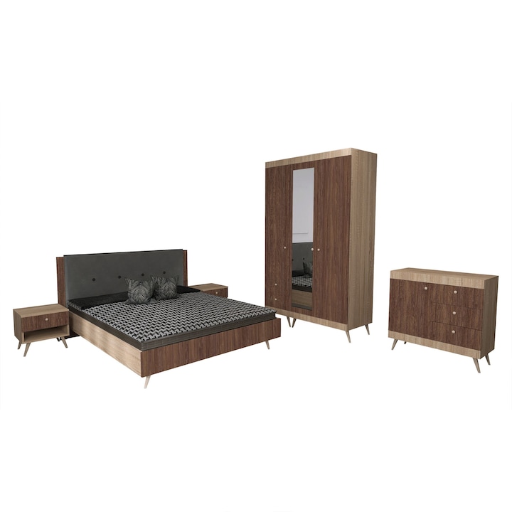 Set dormitor scandinav THOR 20, pat 160x200, noptiere, 2 dulapuri, comoda cu sertare, oglinda, Carcasa PAL Sonoma, Fete PAL Lemn Antichizat 08, Manere Buton fag, Balamale cu amortizare, Picioare fag, Tablie Tapitata