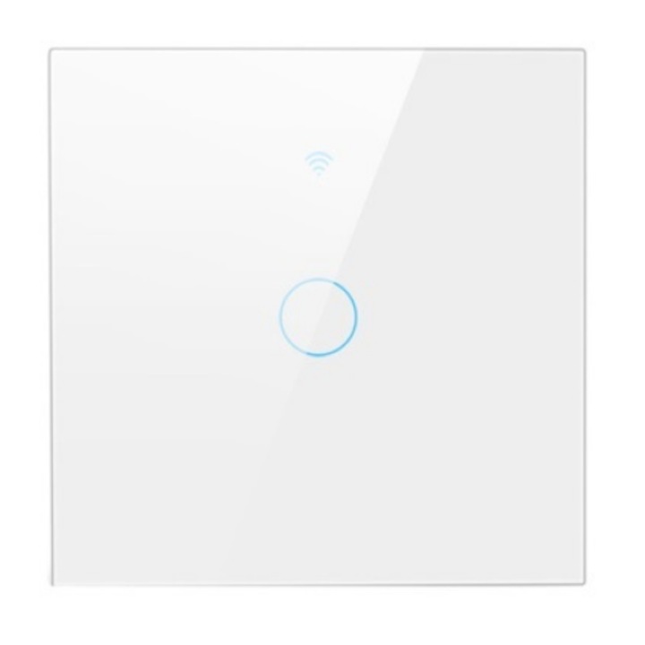 Intrerupator inteligent cu touch Tuya, Life Smart, Wi-Fi, cu sau fara nul, 1 canal, 10A, Sticla securizata, compatibil Amazon Alexa/Google Assistant, Alb