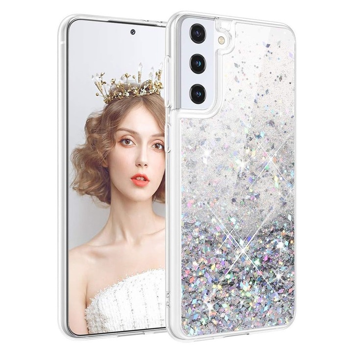 Husa compatibila cu Samsung Galaxy S21, cu Apa si Sclipici, Glitter, Fashion, protectie camera, Argintiu, ISAG