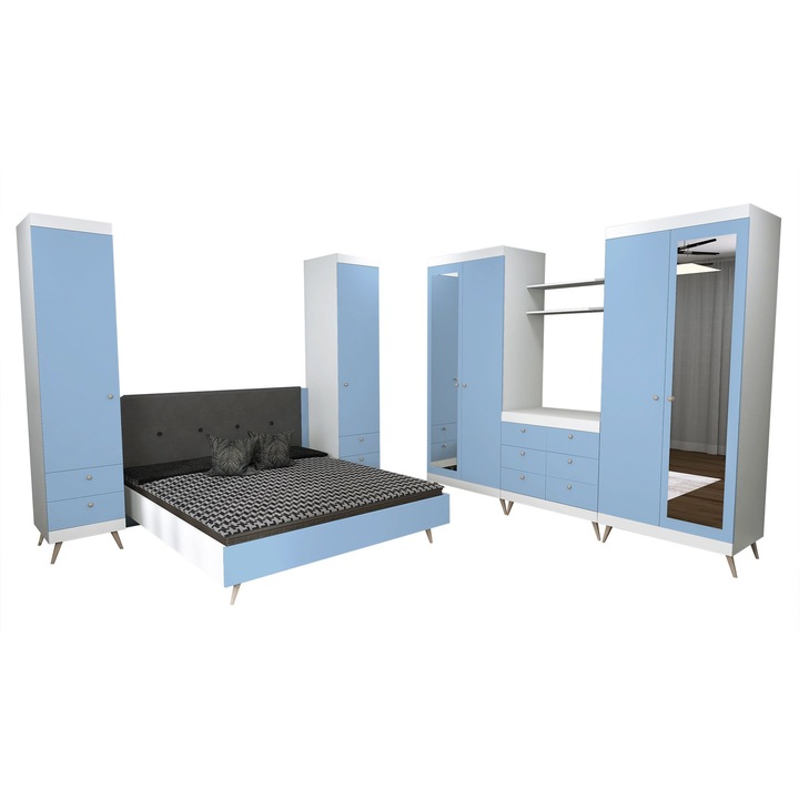 Set dormitor scandinav THOR 25, pat 140x200, 4 dulapuri, comoda cu sertare, oglinzi, polite, Carcasa PAL Alb, Fete PAL Surf Blue, Manere Buton fag, Balamale cu amortizare, Picioare fag, Tablie Tapitata