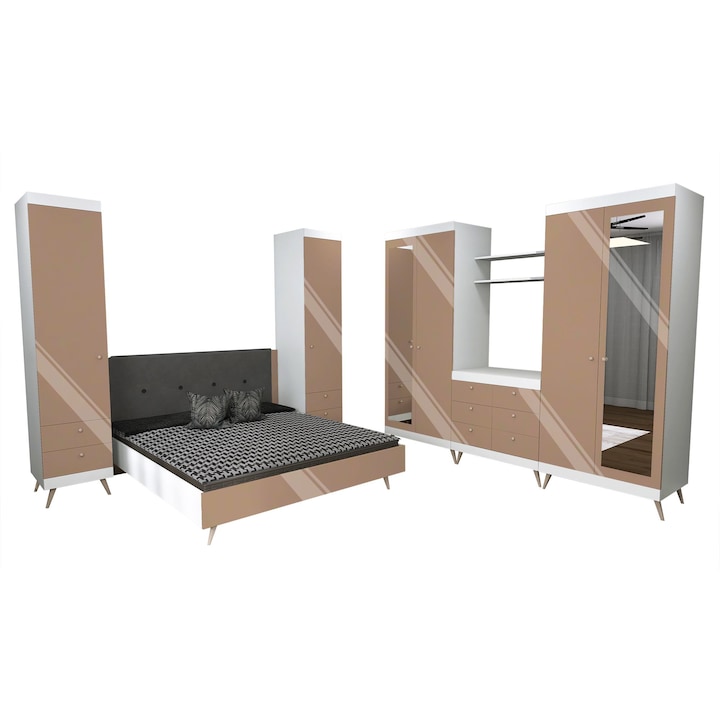 Set dormitor scandinav THOR 26, pat 160x200, 4 dulapuri, comoda cu sertare, oglinzi, polite, Carcasa PAL Alb, Fete MDF Lucios Capucino, Manere Buton fag, Balamale cu amortizare, Picioare fag, Tablie Tapitata