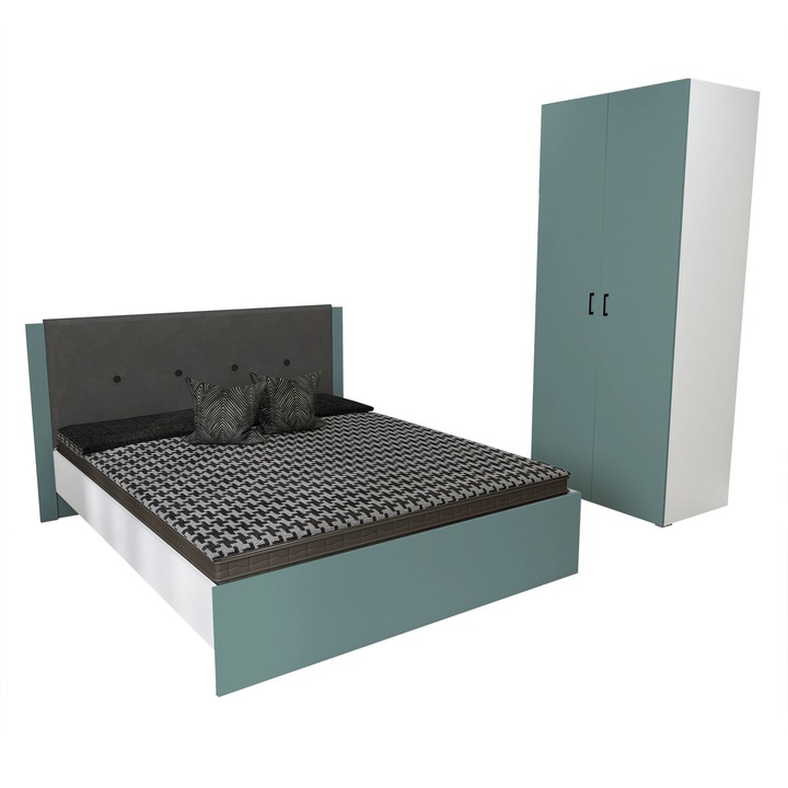 Set Dormitor JUMBO 02, pat 160x200, dulap, Carcasa PAL Alb, Fete PAL Amurg, Manere Aluminiu Negru, Balamale EKO, Tablie Tapitata