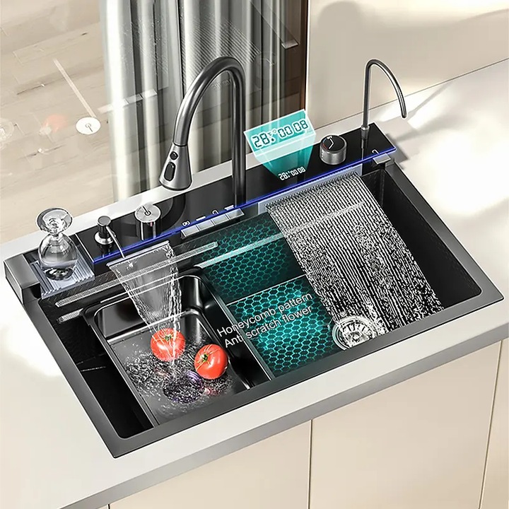 Set chiuveta si baterie cu dublu waterfall, afisaj electronic autonom, 750mm x 460mm, nu necesita conectarea la o sursa de energie, dark grey, AVI-4089