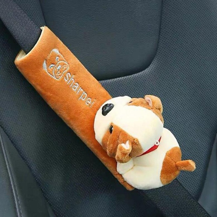 Protectie pentru centura de siguranta auto, pentru copii, model lumea animalelor, din material textil, prindere cu scai velcro, caine, maro, EFAYN