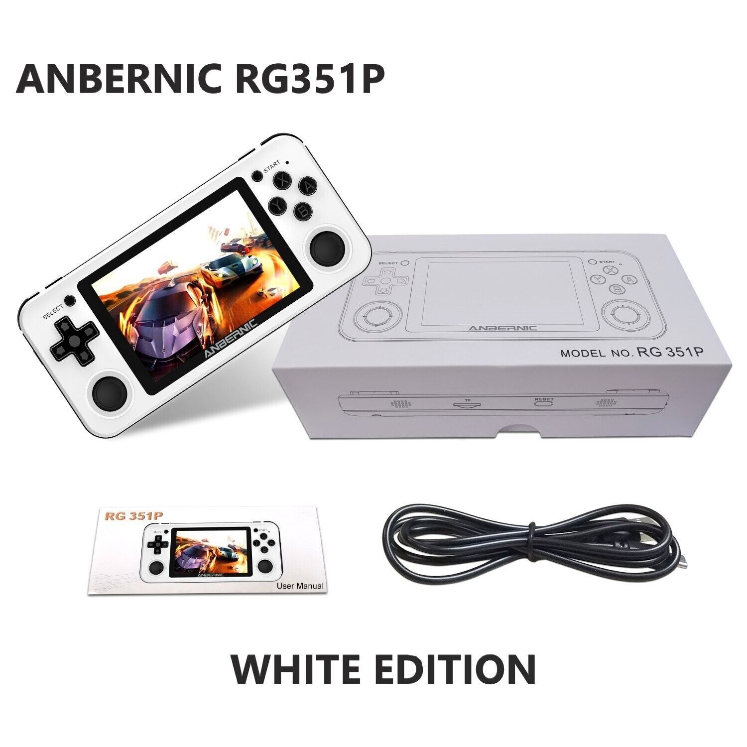 Consola de jocuri retro portabila ANBERNIC RG351P 64GB, quad core Cortex-A35 1.5GHz, RAM 1GB DDR3, Display 3.5 inch IPS 320x480, acumulator 3500 mAh, alba