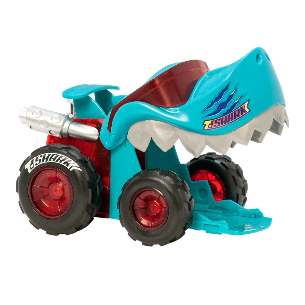 T-Racers Mega Wheels T-Shark – Lanceur De Véhicule Avec Roues Puissantes – 1 Pilote Exclusif Velocifish + 1 Véhicule Exclusif – Compatible Autres Voitures – Dès 4 Ans