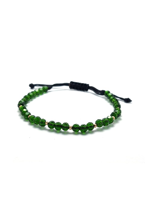 Bratara cu snur, cristale verzi si 8 bilute striate 2mm din aur 14k, dimensiune reglabila