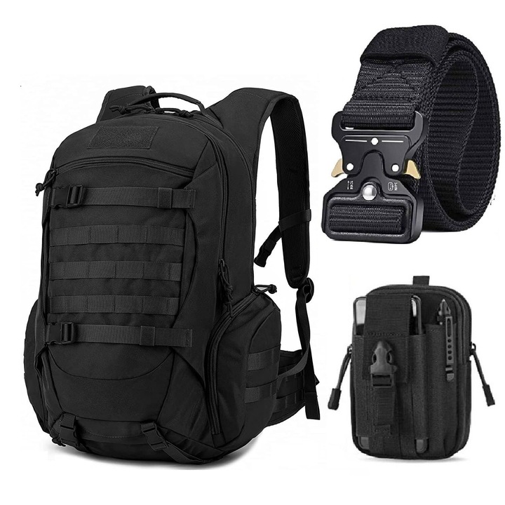 Rucsac barbatesc Militar Tactic Turist, cu Curea si Pliculet, Rezistent la apa, Negru, 30-35L, P4