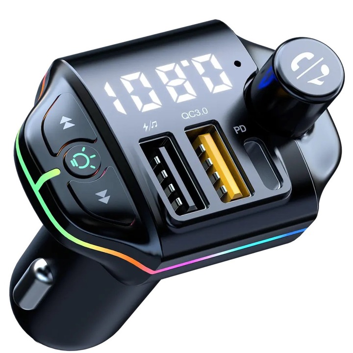 EverQ Bluetooth 5.0 autós FM-modulátor, autós töltő Type C / USB QC 3.0, gyorstöltés, USB 2.0, MP3 lejátszó, kihangosító autós készlet FM adó, RGB LED, fekete