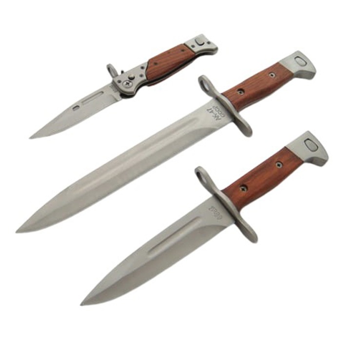 3 db Depox, Ak Attack vadászkés készlet, rozsdamentes acél, barna, tokkal