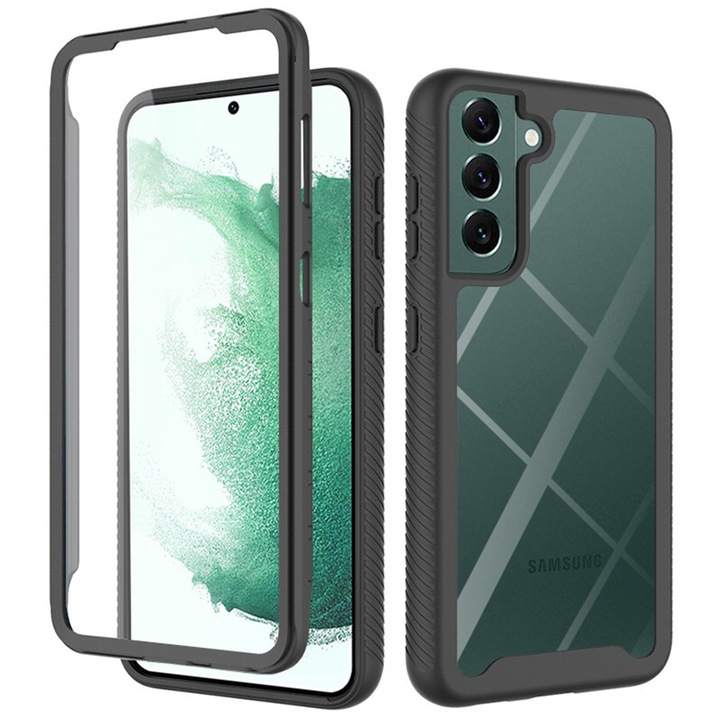 Калъф COMANDO 360Fence, съвместим със Samsung S22 Plus, включено фолио, пълна защита (отпред, отзад, отстрани), идеален хибриден захват, черен