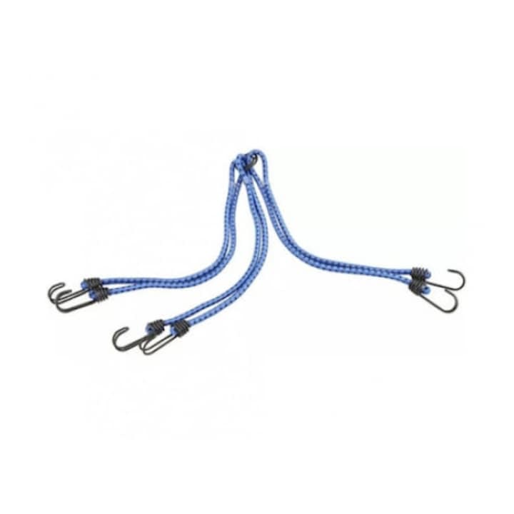 Chinga elastica, diametru 8 mm, lungime 80 cm, 6 capete cu carlige, inel central, culoare albastru
