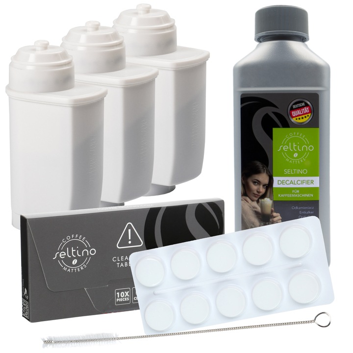 Set Intretinere Aparate De Cafea, Spitze Clean, Bosch, Siemens, Neff, Gaggenau, 3 Filtre De Apa, 250 ml Detartrant, 10 Tablete Curatare, Perie Curatare, 500 g, Manopera De Inalta Calitate, De Lunga Durata