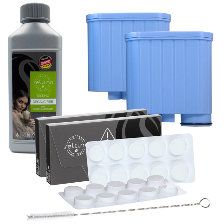 Kit intretinere pentru aparatul de cafea, Spitze Clean, Perie, 2 filtre, Detartrant 250 ml, 2 x Tablete de curatat, Multicolor