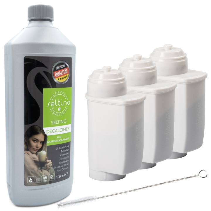 Set intretinere aparat de cafea, Spitze Clean, Compatibil cu Bosch/Siemens, 3 filtre, decalcifiant 1000ml, perie curatare, multicolor