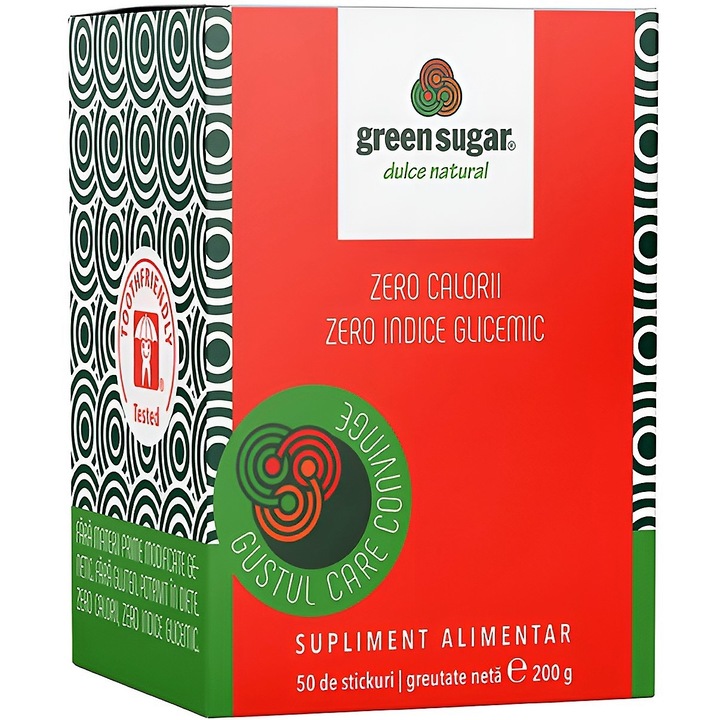 Indulcitor Green Sugar 100% natural, Zero calorii, Zero indice glicemic, 50 stickuri x 4gr, Laboratoarele Remedia