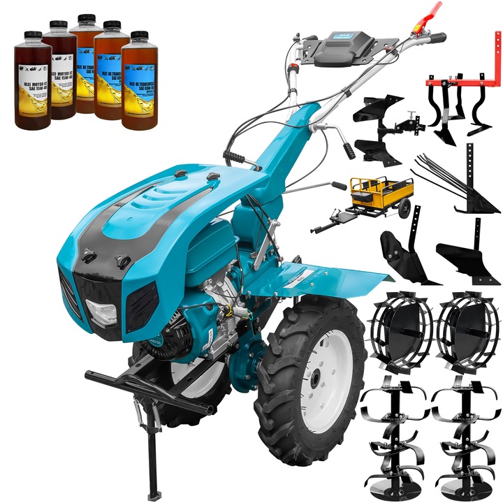 Motocultor profesional DKD HS 1100D, motor 16 CP, latime lucru 90-120 cm, capota cu far, freze, roti cauciuc, roti metal, plug arat, rarita reglabila, plug cartofi, cultivator, plug reversibil, remorca, 5l ulei