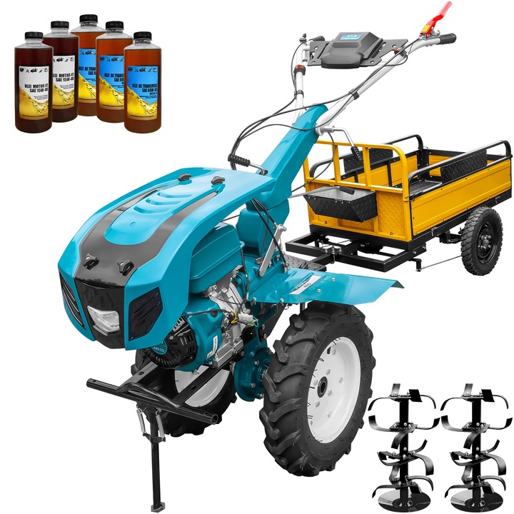 Motocultor profesional DKD HS 1100D, motor 16 CP, latime lucru 90-120 cm, capota cu far, freze, roti cauciuc, remorca, 5l ulei