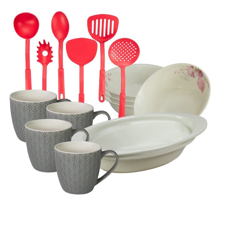 Set de masa, 4 persoane, 15 piese, cana 200 ml, bol, tava termorezistenta, ustensile bucatarie, Portelan decorat cu Orhidee