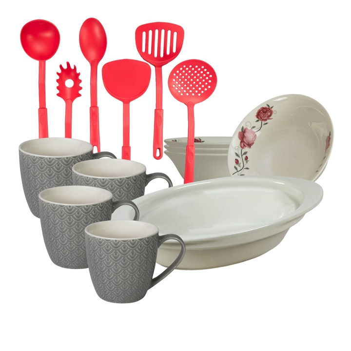 Set de masa, 4 persoane, 15 piese, cana 200 ml, bol, tava termorezistenta, ustensile bucatarie, Portelan decorat cu Trandafiri roz