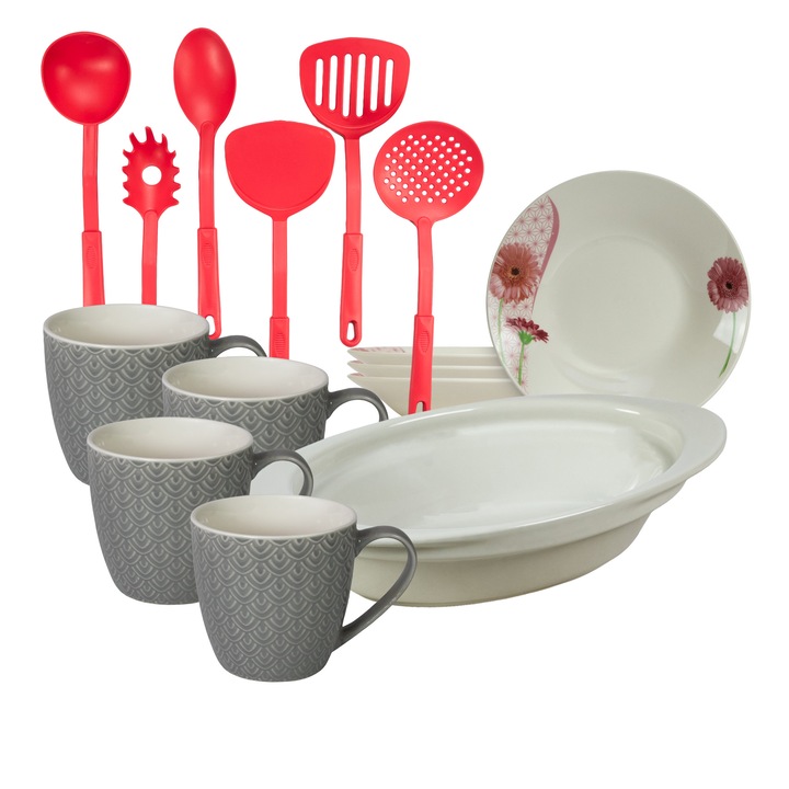 Set de masa, 4 persoane, 15 piese, cana 200 ml, farfurie adanca, tava termorezistenta, ustensile bucatarie, Portelan decorat cu Margareta