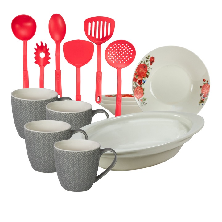 Set de masa, 4 persoane, 15 piese, cana 200 ml, farfurie adanca, tava termorezistenta, ustensile bucatarie, Portelan decorat cu Trandafiri rosii