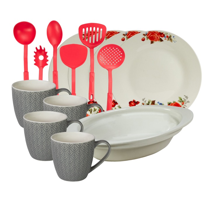 Set de masa, 4 persoane, 15 piese, cana 200 ml, farfurie intinsa, tava termorezistenta, ustensile bucatarie, Portelan decorat cu Trandafiri rosii