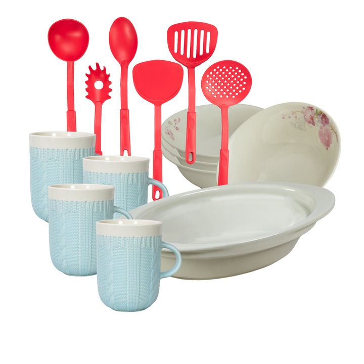 Serviciu de masa, 4 persoane, 15 piese, cana 320 ml, bol, tava termorezistenta, ustensile bucatarie, Portelan decorat cu Orhidee