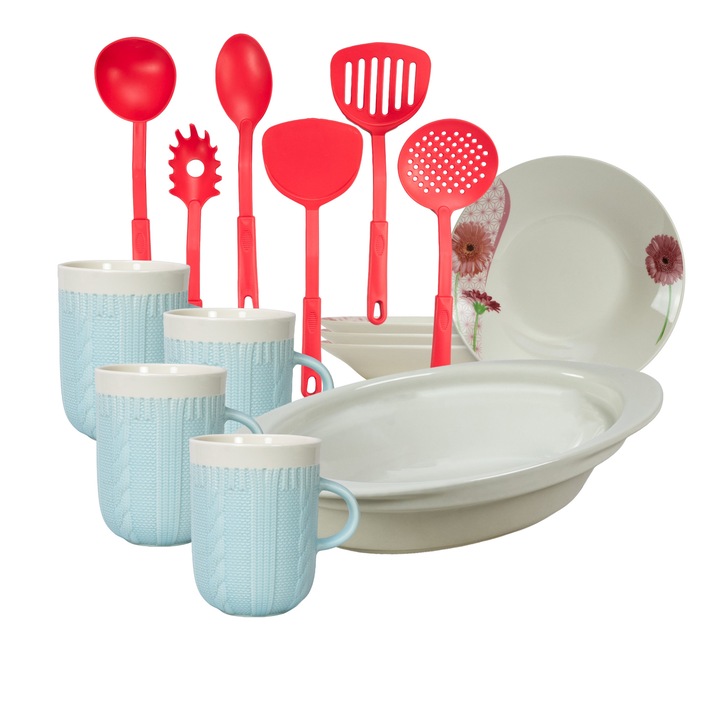 Serviciu de masa, 4 persoane, 15 piese, cana 320 ml, farfurie adanca, tava termorezistenta, ustensile bucatarie, Portelan decorat cu Margareta