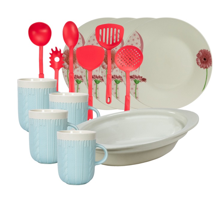 Serviciu de masa, 4 persoane, 15 piese, cana 320 ml, farfurie intinsa, tava termorezistenta, ustensile bucatarie, Portelan decorat cu Margareta