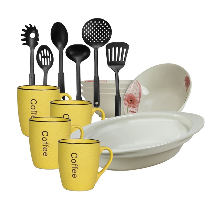Serviciu vesela, 4 persoane, 15 piese, cana galbena, bol, tava termorezistenta, ustensile bucatarie, Portelan decorat cu Margareta