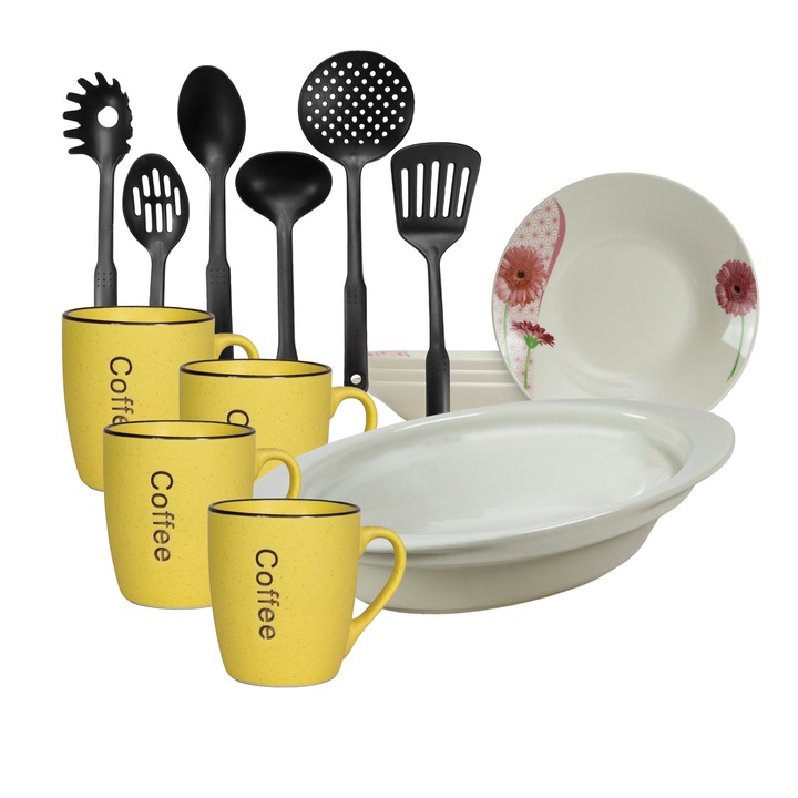 Serviciu vesela, 4 persoane, 15 piese, cana galbena, farfurie adanca, tava termorezistenta, ustensile bucatarie, Portelan decorat cu Margareta