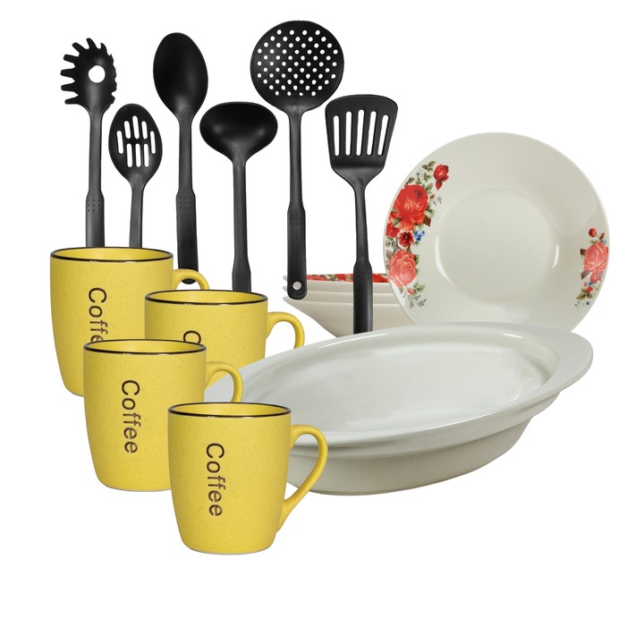 Serviciu vesela, 4 persoane, 15 piese, cana galbena, farfurie adanca, tava termorezistenta, ustensile bucatarie, Portelan decorat cu Trandafiri rosii