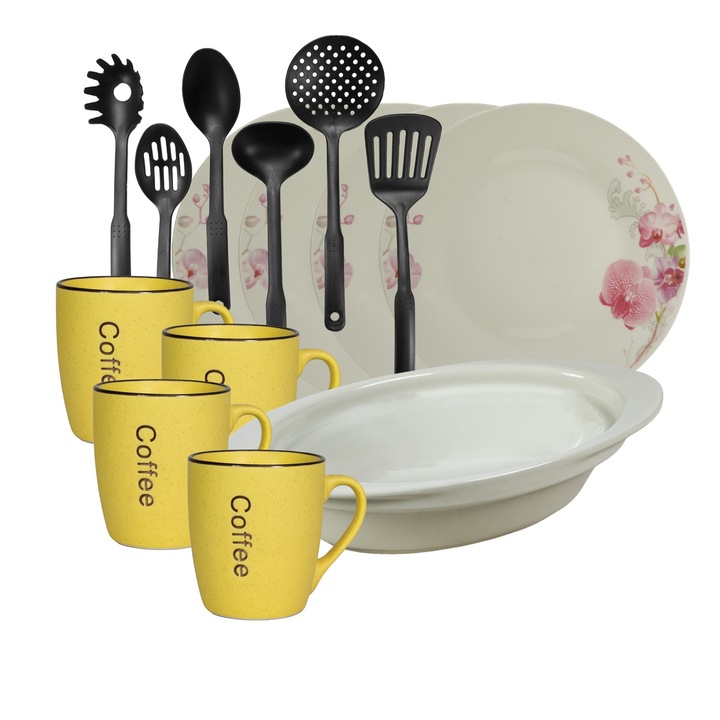 Serviciu vesela, 4 persoane, 15 piese, cana galbena, farfurie intinsa, tava termorezistenta, ustensile bucatarie, Portelan decorat cu Orhidee