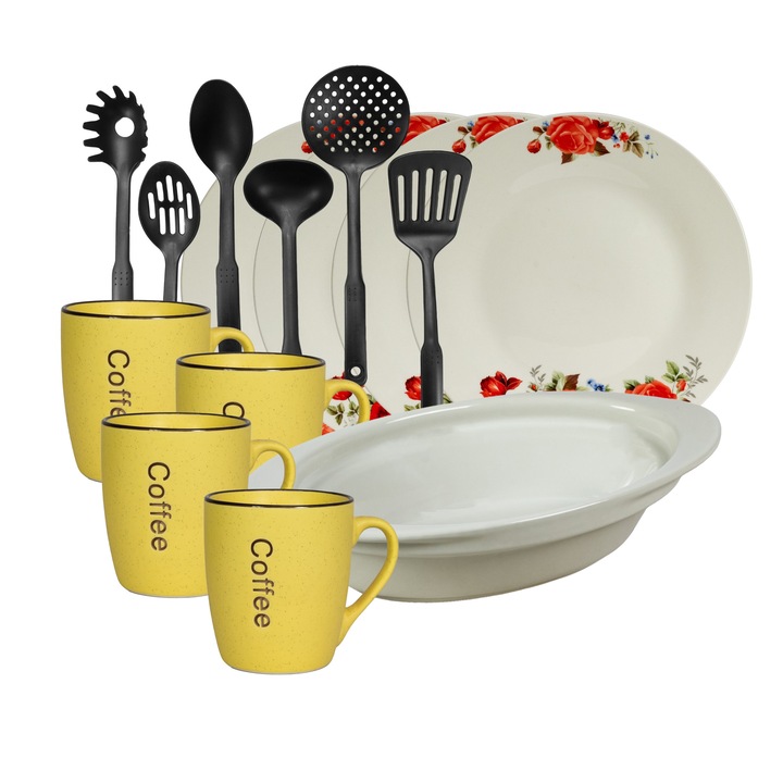 Serviciu vesela, 4 persoane, 15 piese, cana galbena, farfurie intinsa, tava termorezistenta, ustensile bucatarie, Portelan decorat cu Trandafiri rosii