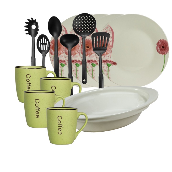 Set vesela, 4 persoane, 15 piese, cana verde, farfurie intinsa, tava termorezistenta, ustensile bucatarie, Portelan decorat cu Margareta